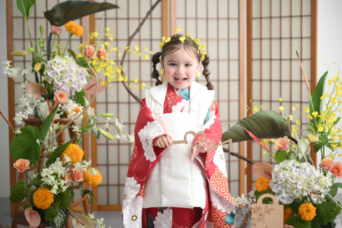 生花を使った753（七五三）記念の写真